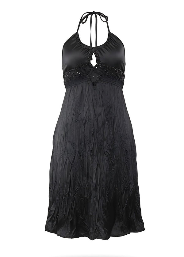 Embellished Black Satin Crinkle Halter Neck Midi Dress