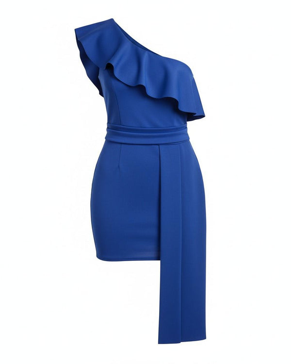 Figure-Hugging One Shoulder Ruffle Trim Fit Dress