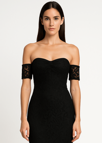 Fishtail style hem off shoulder slim fit lace midi dress, elegant feminine cocktail dress with lace details closeup look
