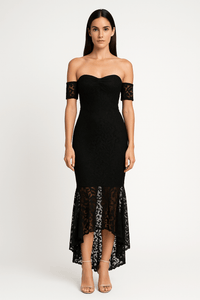 Fishtail front look style hem off shoulder slim fit lace midi dress, elegant feminine cocktail dress with lace details 