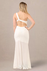 Back view of fitted formal dress one shoulder embellished maxi gown
