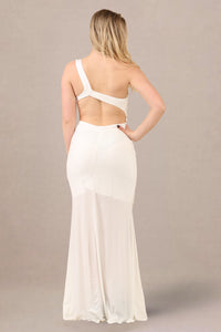 Back view of fitted formal dress one shoulder embellished maxi gown
