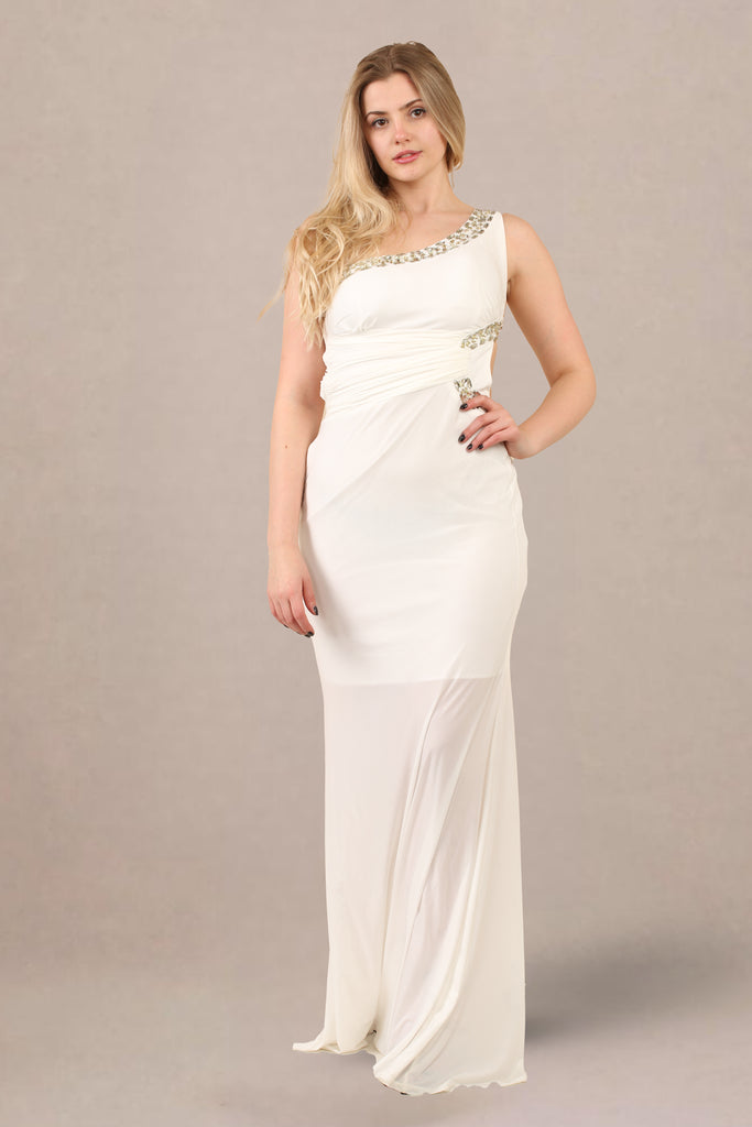 Closeup detail of embellishments on fitted formal dress one shoulder maxi gown
