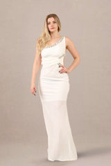 Model front pose wearing fitted formal dress one shoulder embellished maxi gown