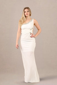 Model front pose wearing fitted formal dress one shoulder embellished maxi gown