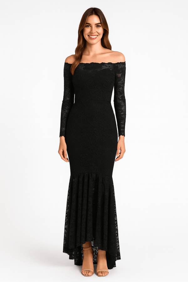 Front view of black floral lace bodycon off-shoulder maxi dress