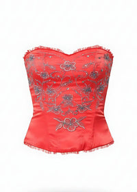Red Floral Embroidered Satin Bustier Corset Top