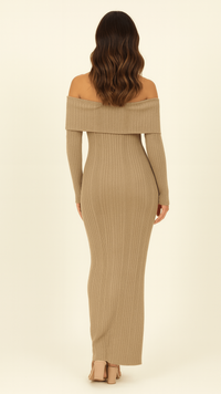Back of folded Bardot neckline ribbed knit off shoulder dress