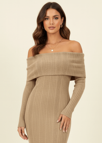 Close-up of folded Bardot neckline ribbed knit off shoulder dress front