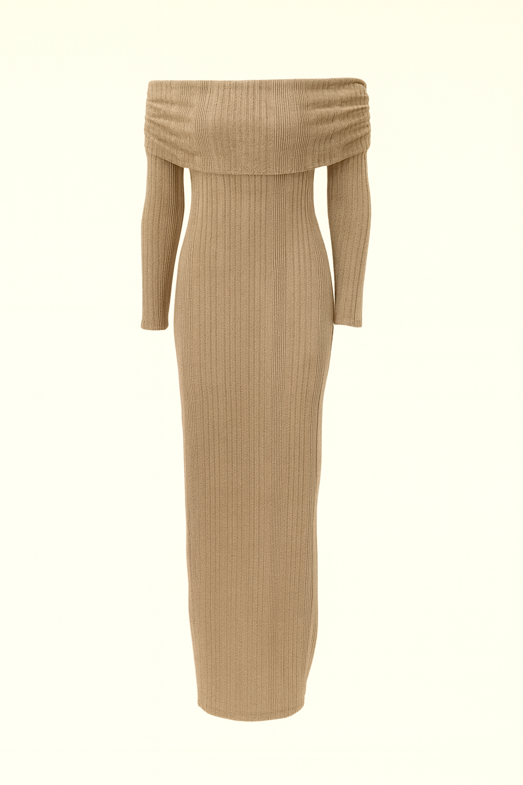 Folded Bardot Neckline Ribbed Knit Off Shoulder Dress