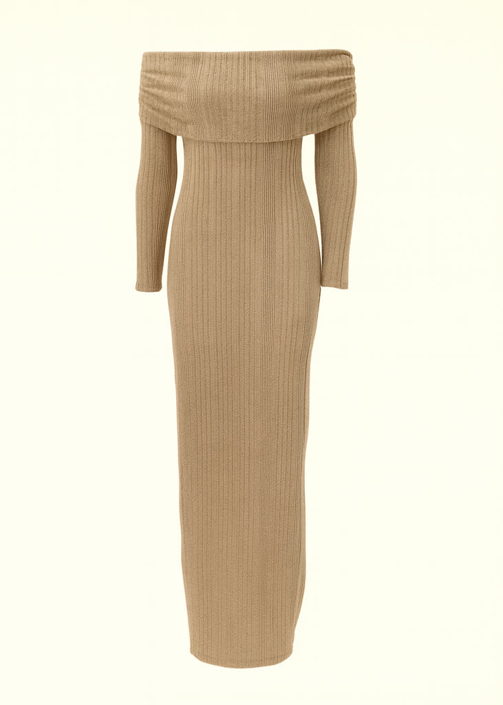 Folded Bardot neckline ribbed knit off shoulder dress front general view