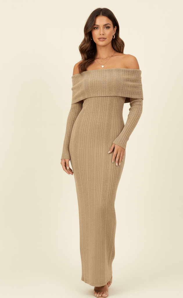 Folded Bardot neckline ribbed knit off shoulder dress front view