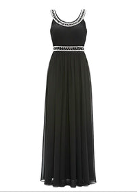Formal Black Chiffon Crystal Embellished Scoop Neck Maxi Dress