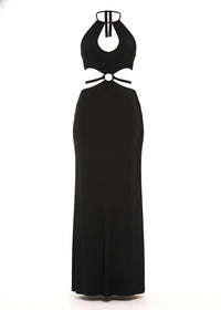 Front Keyhole Black Halter Maxi Dress With Cut-Out Waist
