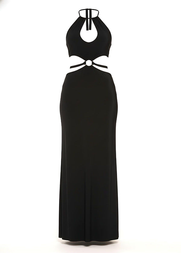 Front Keyhole Black Halter Maxi Dress With Cut-Out Waist