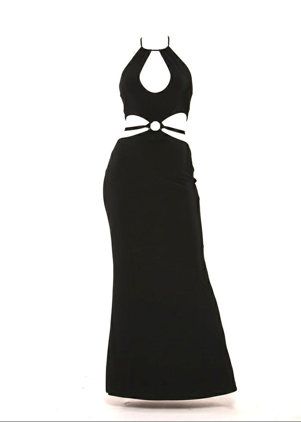 Front Keyhole Black Halter Maxi Dress With Cut-Out Waist