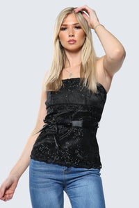 Lacy Spaghetti Strap Embroidery Corset Detail Top - Tops - Avinci