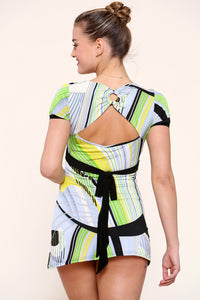 Colorful Print Short Sleeve Square Neck Cinched Waist mini dress - Mini Dress - Avinci