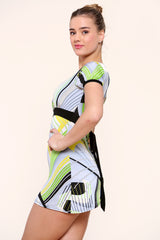 Colorful Print Short Sleeve Square Neck Cinched Waist mini dress - Mini Dress - Avinci