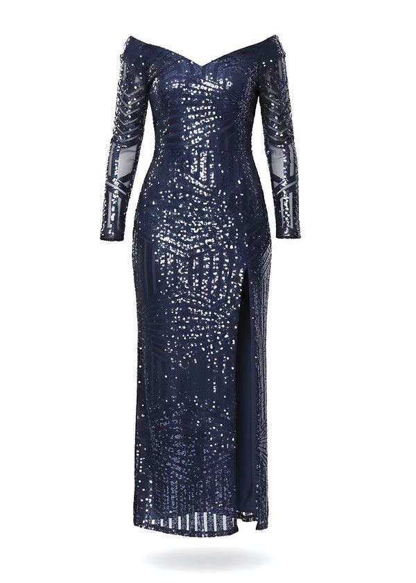 Glitter Sequin Maxi Dress With Long Sleeves And Front Split