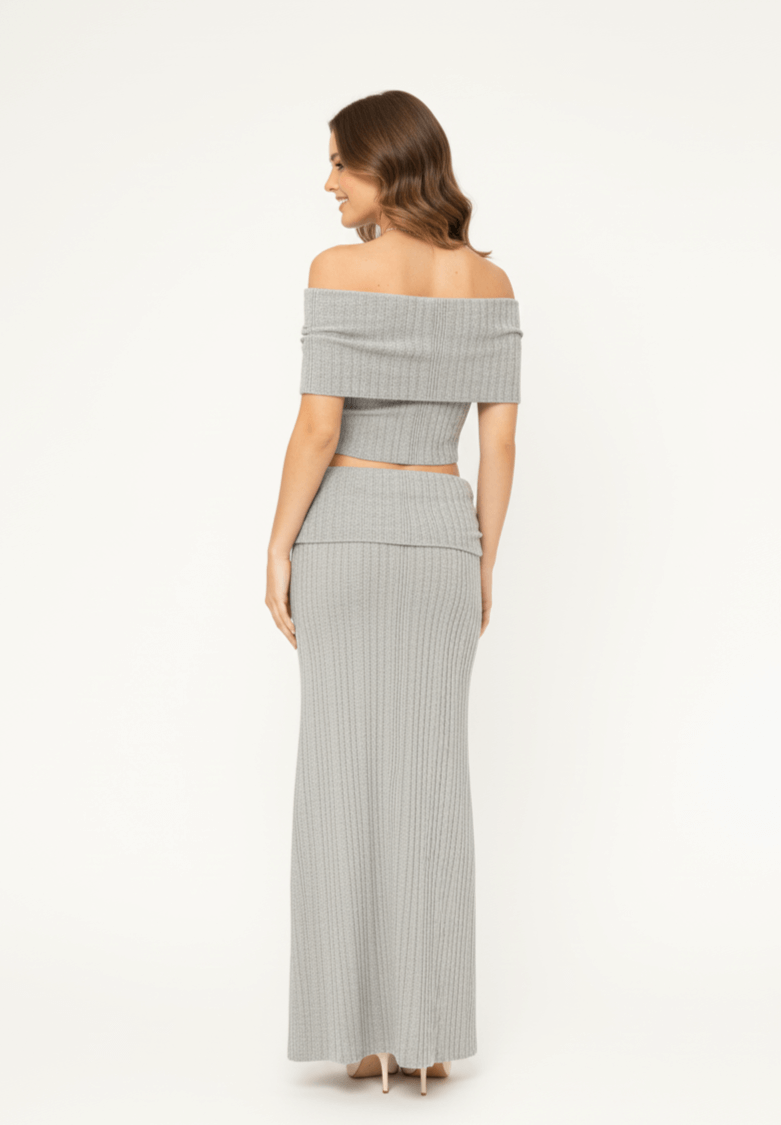 High-waisted cardigan and long skirt co-ord lounge set, back view