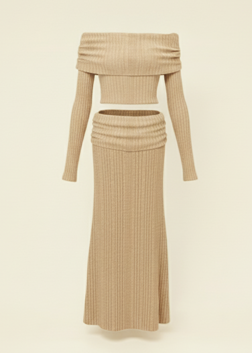 Beige High-Waisted Cardigan Long Skirt Co-ord Lounge Set