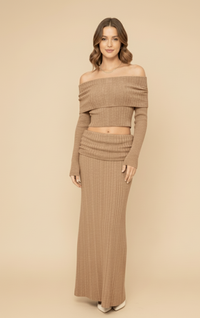 Beige High-Waisted Cardigan Long Skirt Co-ord Lounge Set