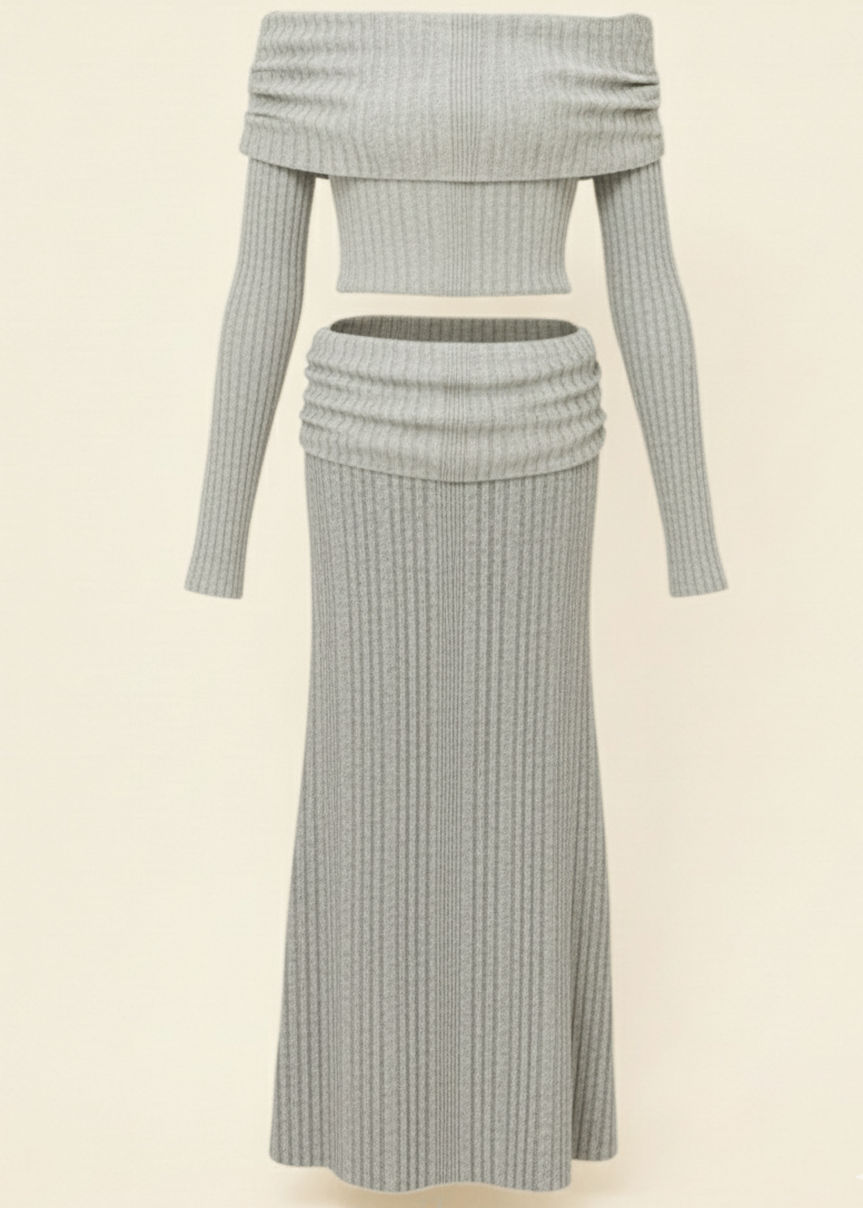 Grey Off-Shoulder Brush Knitted Co-ord Set