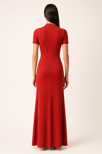 Red keyhole detailed sparkly slim fit high neckline maxi dress, elegant evening gown back view