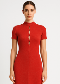 Red keyhole detailed sparkly slim fit high neckline maxi dress, elegant evening gown front closeup view