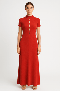 Red keyhole detailed sparkly slim fit high neckline maxi dress, elegant evening gown front model view