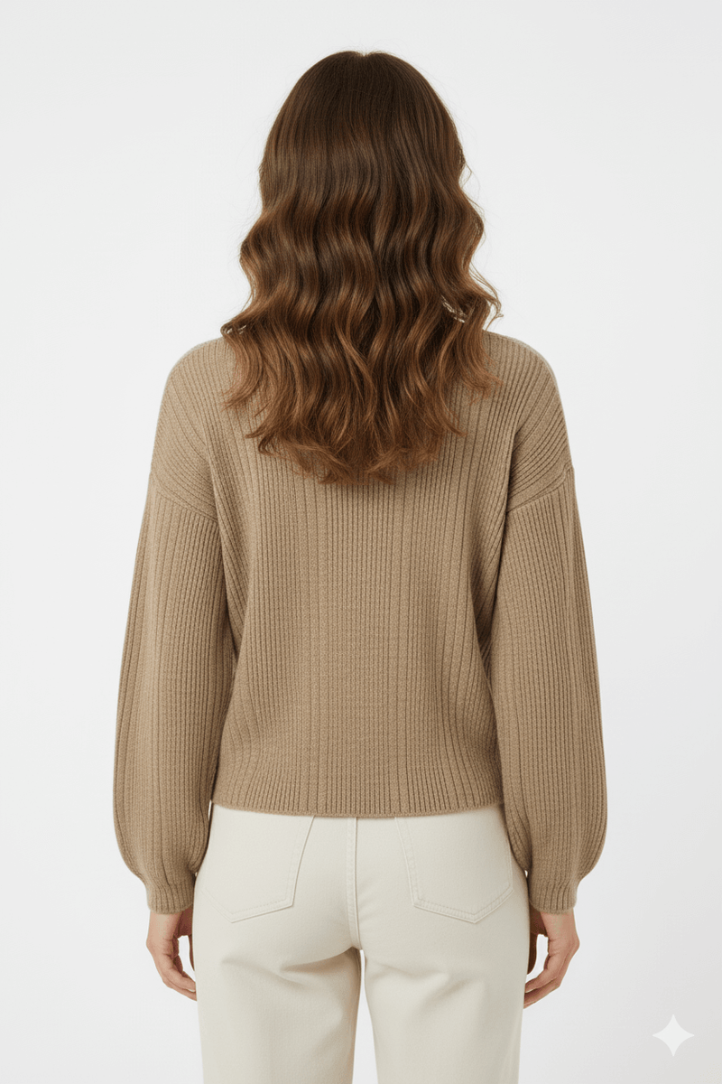 Lightweight classic front button ribbed V-neck top, back view