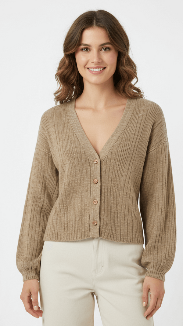 Lightweight classic front button ribbed V-neck top, front close-up