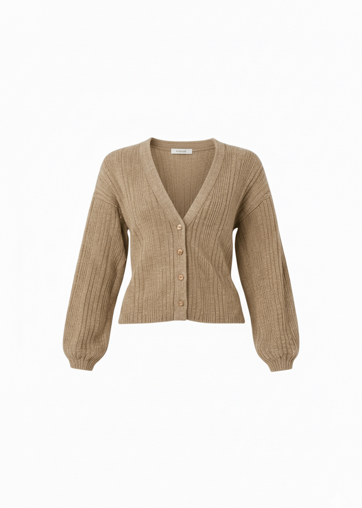 Lightweight classic front button ribbed V-neck top, front general view