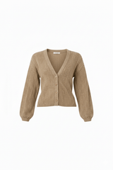 Lightweight classic front button ribbed V-neck top, front general view