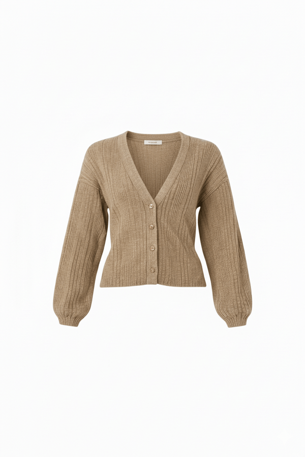 Lightweight classic front button ribbed V-neck top, front general view
