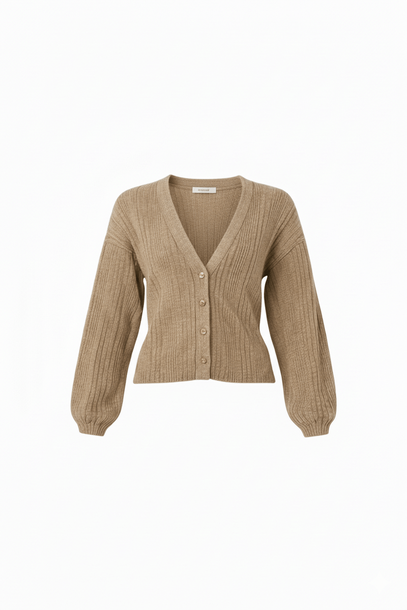 Lightweight classic front button ribbed V-neck top, front general view
