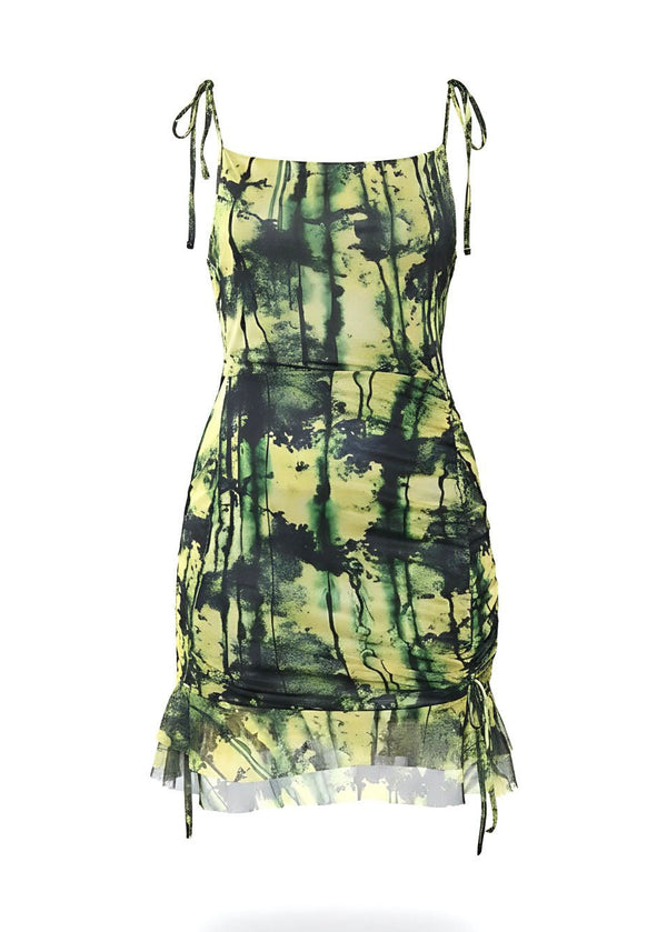 Lime Tie Dye Mesh Ruched Side Bodycon Mini Dress