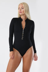 Hook and Eye Long Sleeve Bodysuit - Tops - Avinci