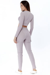 Sleeve Crop Top and Ribbed Pocket Detail Loungewear Set - Loungewear - Avinci