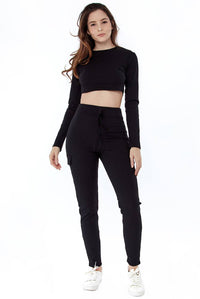 Sleeve Crop Top and Ribbed Pocket Detail Loungewear Set - Loungewear - Avinci
