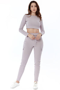 Sleeve Crop Top and Ribbed Pocket Detail Loungewear Set - Loungewear - Avinci