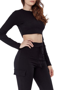 Sleeve Crop Top and Ribbed Pocket Detail Loungewear Set - Loungewear - Avinci