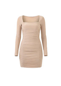 Beige Long Sleeve Ruched Bodycon Mini Dress