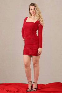 Close-up of long sleeve ruched bodycon mini dress front