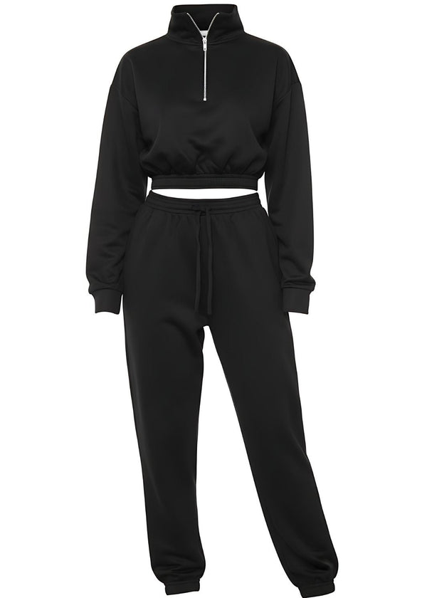 Black Long Sleeve Zipper Crop Top Oversized Matching Joggers