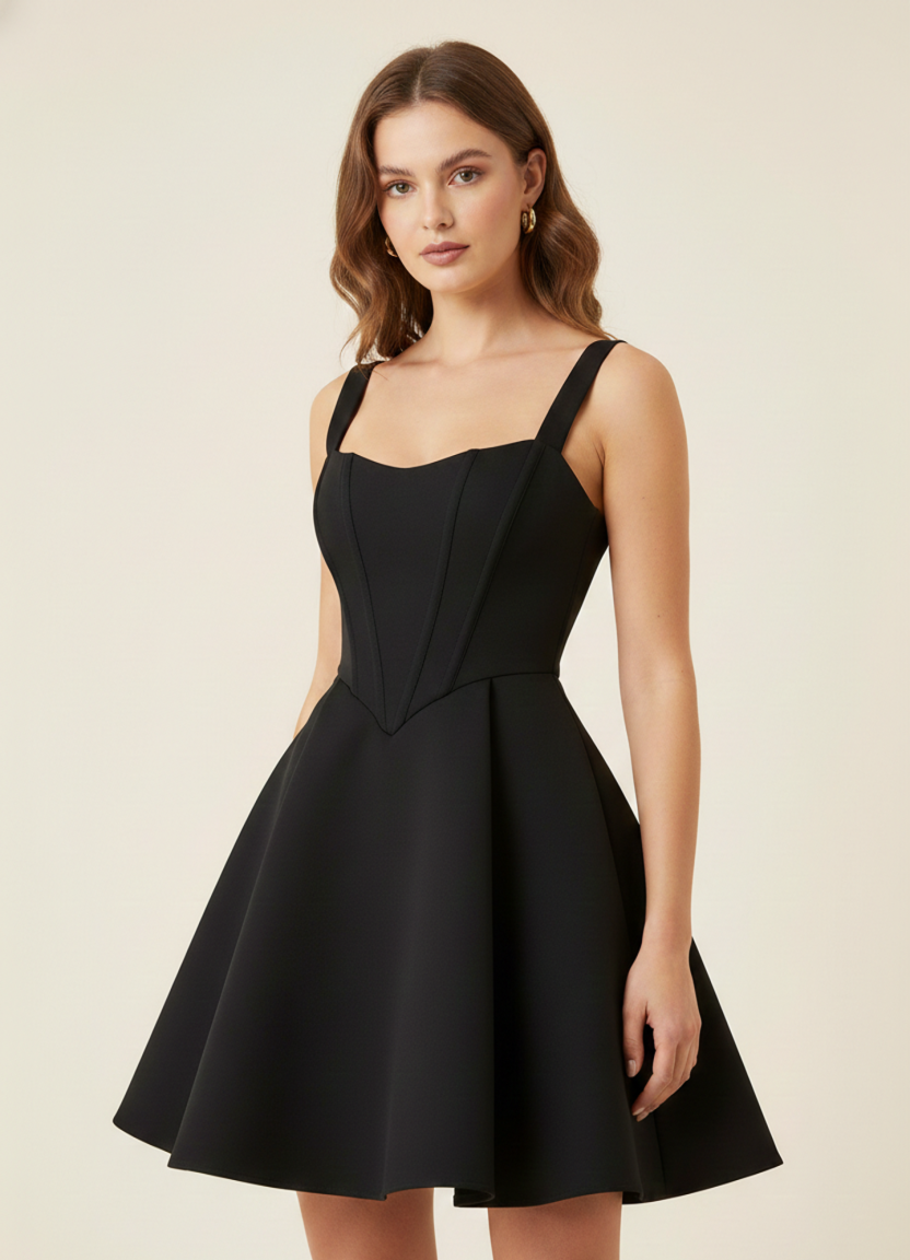 Black Square Neck Corset Fit & Flared Mini Dress