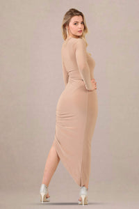 One-shoulder asymmetrical ruched midi bodycon dress back view beige color