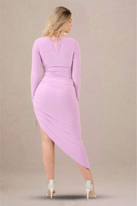 One-shoulder asymmetrical ruched midi bodycon dress back view lilac color