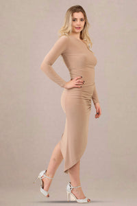 One-shoulder asymmetrical ruched midi bodycon dress side left view beige color